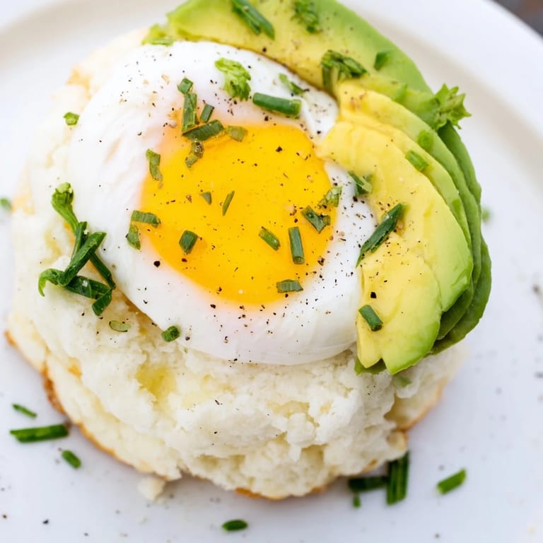 Golden-baked cloud bread breakfast clouds, a delightful vegetarian dish with creamy avocado and runny yolks.