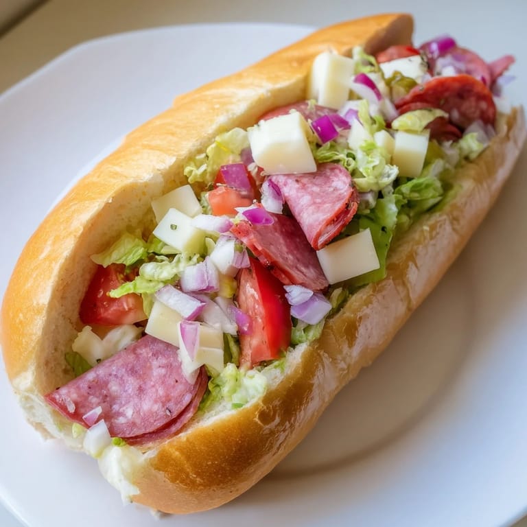 Close-up of a loaded Chopped Italian Grinder Sandwich, oozing with flavorful Italian ingredients.