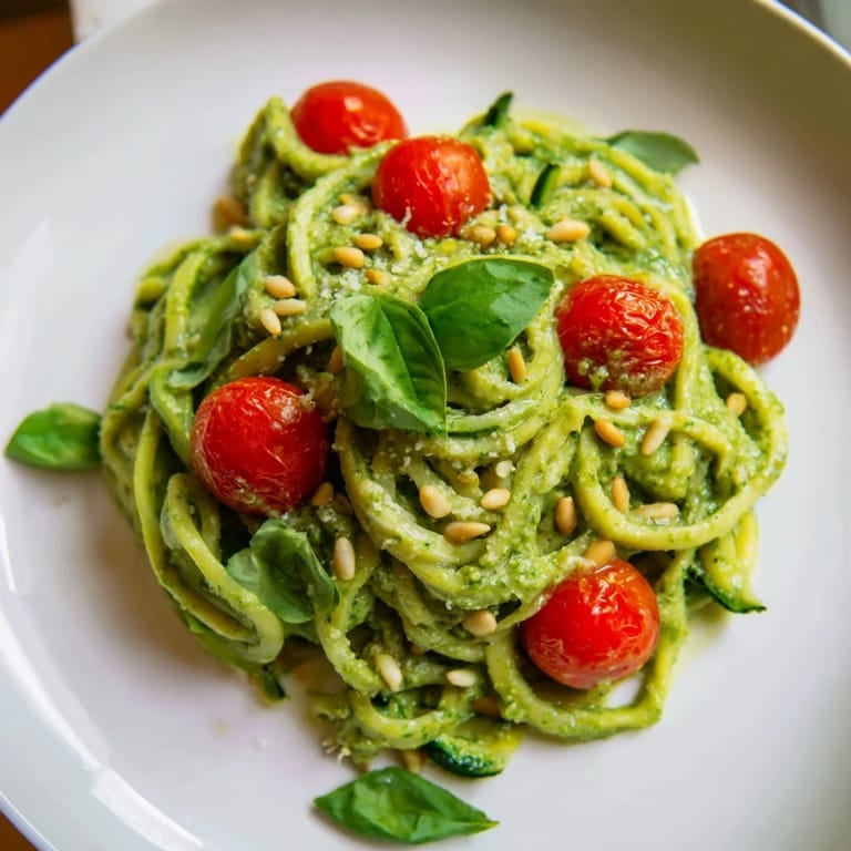 A beautifully plated Avocado Pesto Zoodles dish featuring juicy cherry tomatoes and basil garnish.