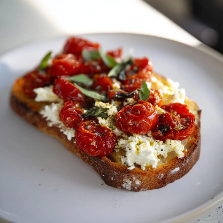 Close-up of golden Baked Feta Toast, a vegetarian delight with salty feta and vibrant basil garnish.
