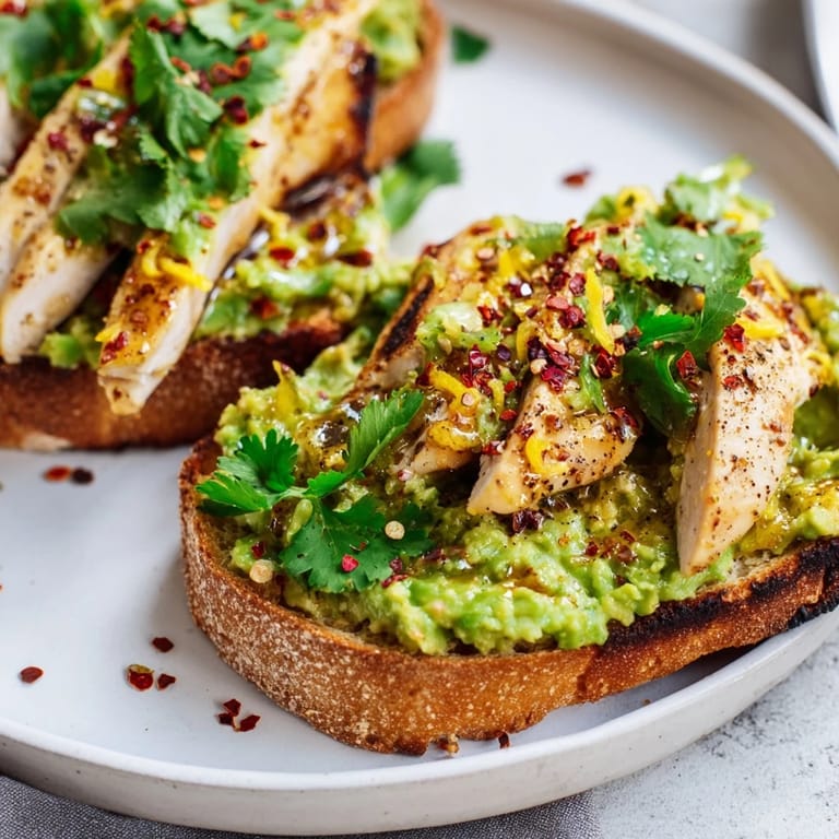 Savory Smashed Avocado Chicken Toast featuring grilled chicken, chili flakes, and creamy avocado, perfect for brunch.