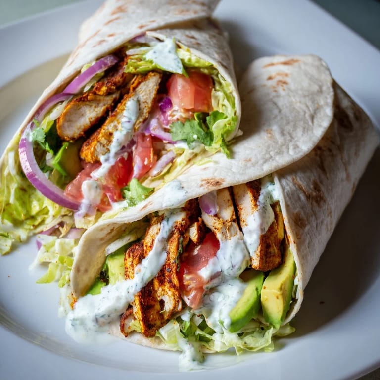 Close-up of a fully assembled smoky chipotle chicken wrap, ready to eat, boasting vibrant colors and textures.