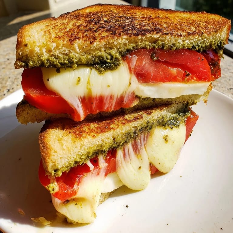 Melted mozzarella, pesto, and tomato layered inside a perfectly toasted Caprese Pesto Grilled Cheese sandwich.