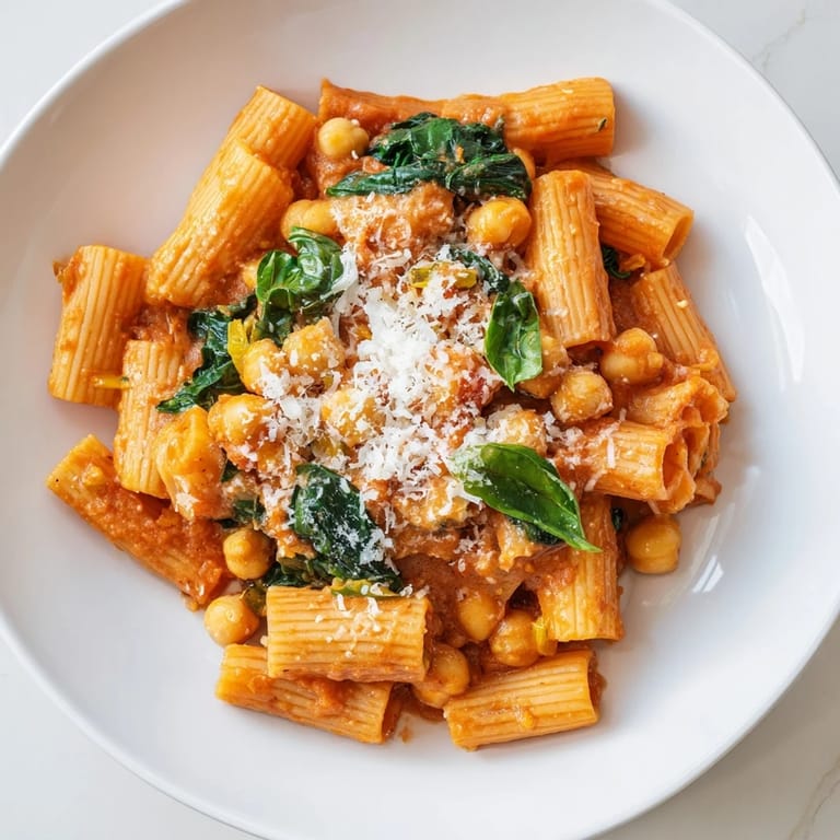 A steaming bowl of Creamy Tuscan Chickpea Pasta, garnished with fresh basil, ready to be enjoyed.