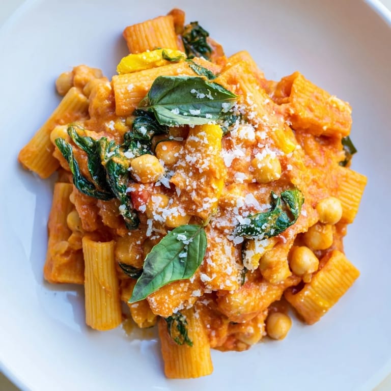 Imagine the rich creaminess: a tempting plate of Creamy Tuscan Chickpea Pasta with visible spinach.