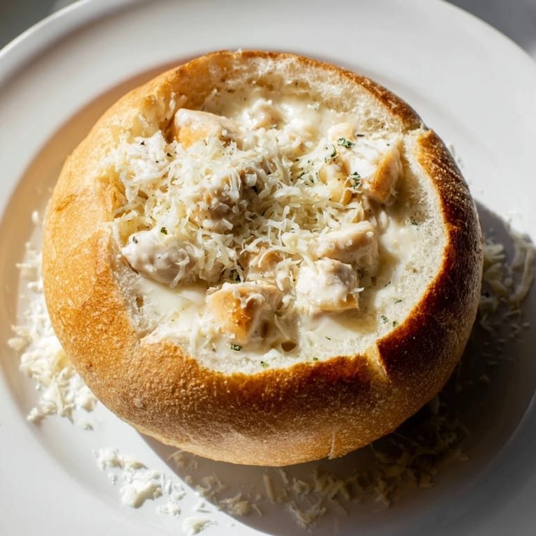 This warm Chicken Alfredo Bread Bowl features a bubbling, cheesy Alfredo sauce, perfect for a cozy dinner tonight.