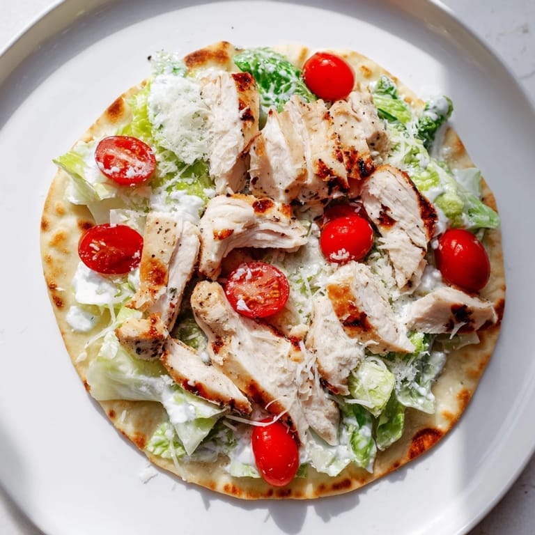 Crispy, oven-baked Chicken Caesar Flatbread: a shareable treat with juicy chicken and fresh romaine lettuce.