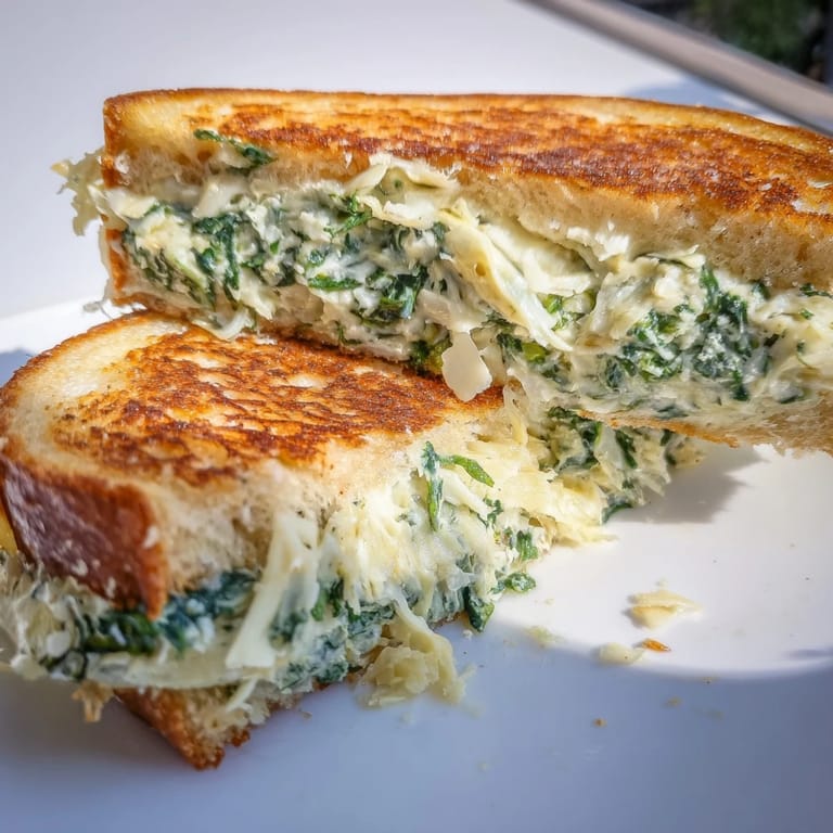 Close-up of a perfectly grilled spinach artichoke grilled cheese, served hot and delicious for lunch.