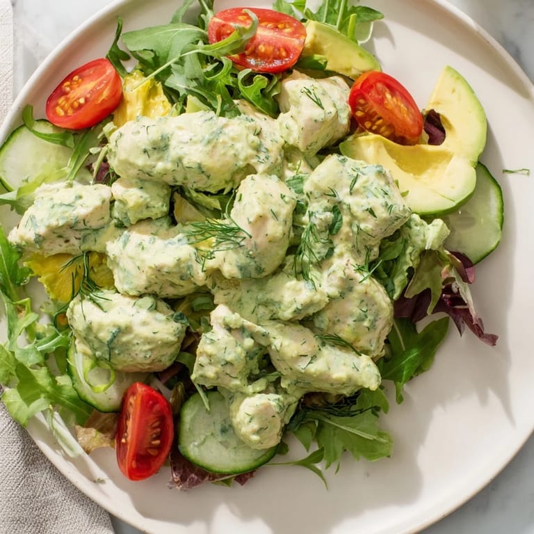 Freshly plated Green Goddess Chicken Salad topped with juicy tomatoes and creamy avocado slices.