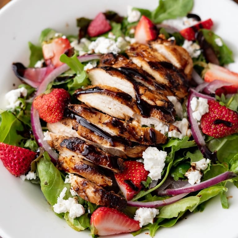 A colorful bowl of Strawberry Balsamic Chicken Salad, with a drizzle of balsamic glaze and feta sprinkled.