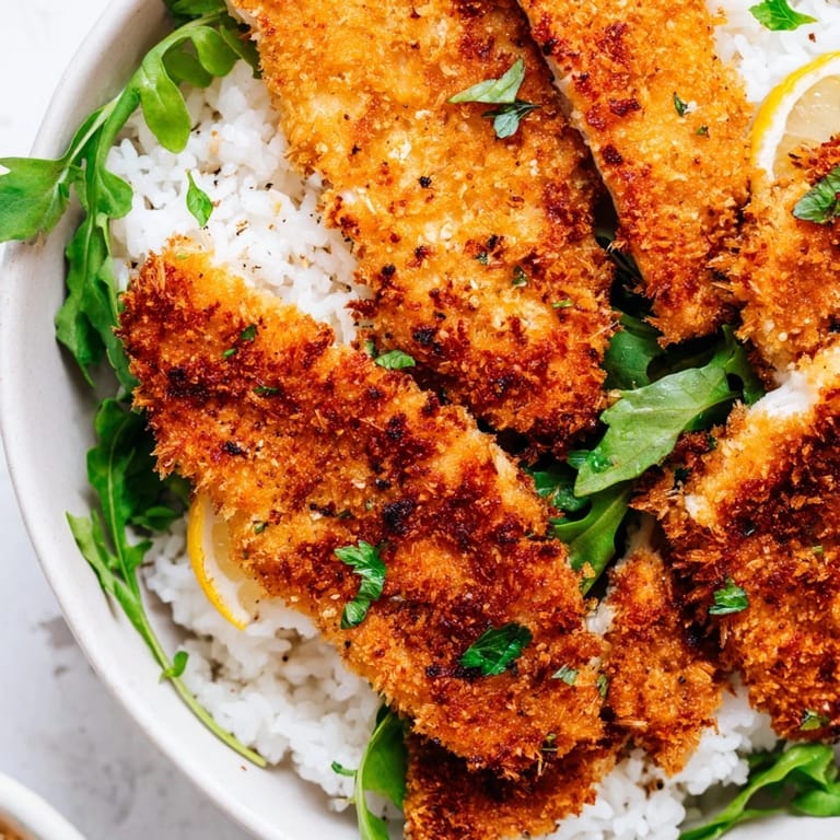 A delicious, crispy Parmesan Chicken Cutlet Bowl featuring beautifully golden fried chicken and fluffy rice.