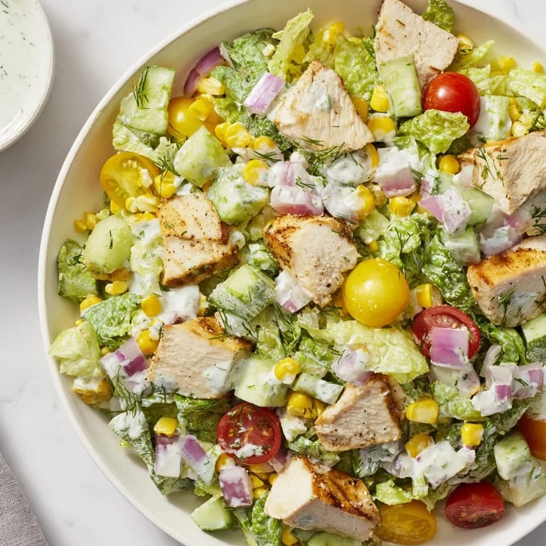 A colorful bowl of Ranch Chicken Chopped Salad, ideal for a light and healthy dinner.