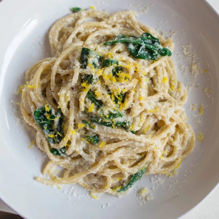Bright and creamy: this bowl of Creamy Lemon Spinach Spaghetti offers a comforting Italian dinner.