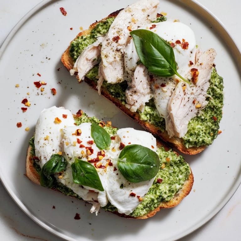 Warm, creamy Pesto Chicken Burrata Toast with juicy chicken and vibrant pesto, ready to serve as a tasty appetizer.