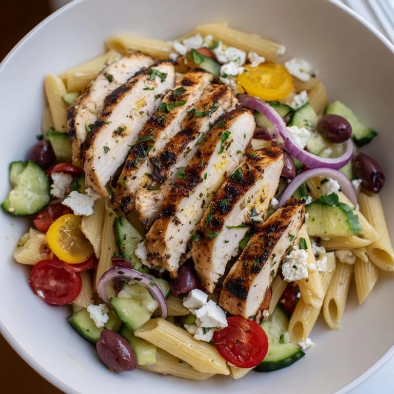Enjoy a refreshing Greek Chicken Pasta Bowl, perfect for a light lunch or satisfying dinner.