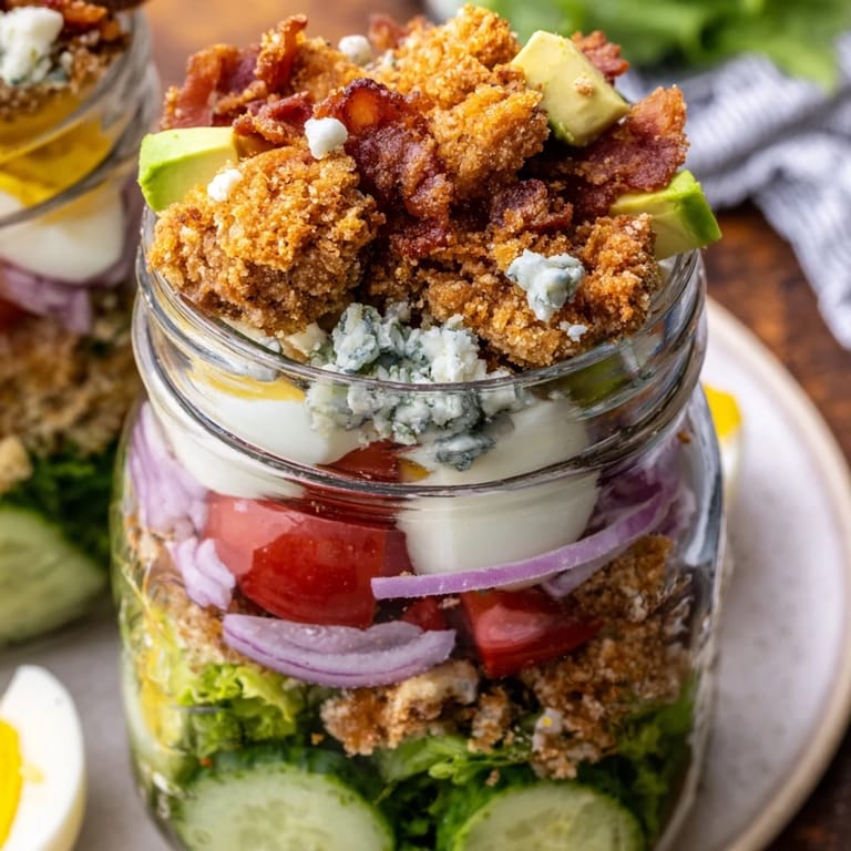 Homemade Crispy Chicken Cobb Jar Salad, featuring a colourful mix of fresh ingredients in a mason jar.