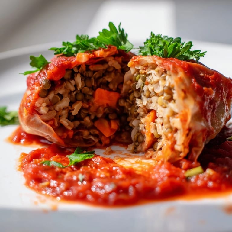 Eastern European Baked Vegan Cabbage Rolls served fresh from the oven with fresh parsley garnish.