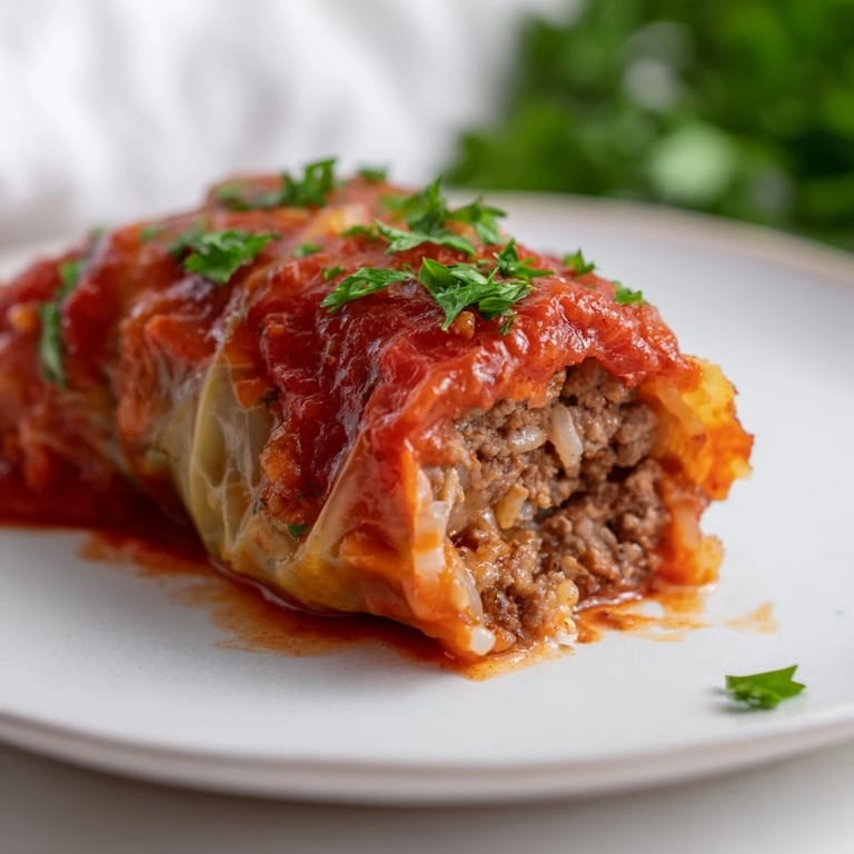 Hearty Eastern European cabbage rolls on a white platter, bubbling with tomato sauce and ready to serve with crusty bread.