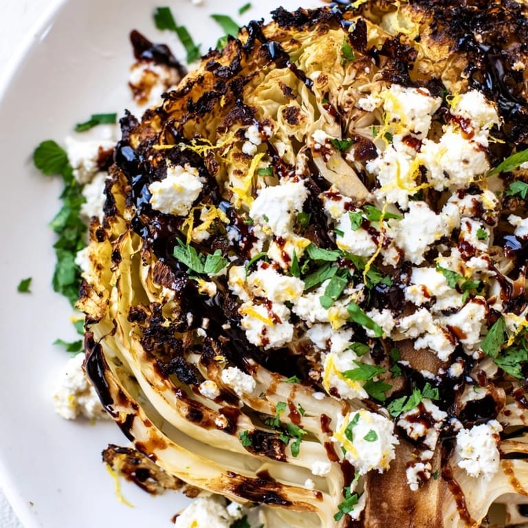 Four golden roasted cabbage steaks topped with creamy feta and fresh parsley for a Mediterranean side dish.  