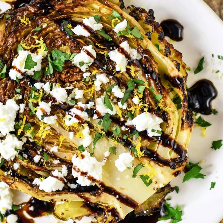 Thick slices of roasted cabbage with feta and tangy balsamic reduction served warm as an elegant vegetarian side.