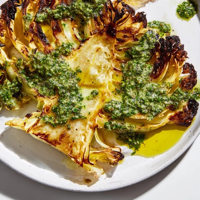 A close-up of plant-based cabbage steaks, garnished with fresh jalapeño chimichurri, perfect as a main or side dish.