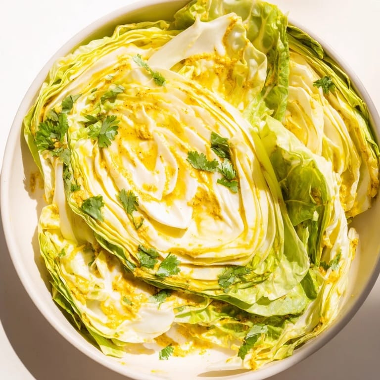 Golden Coconut Braised Cabbage simmering in a deep skillet, aromatic steam rising from a fragrant blend of ginger, garlic, and cumin.