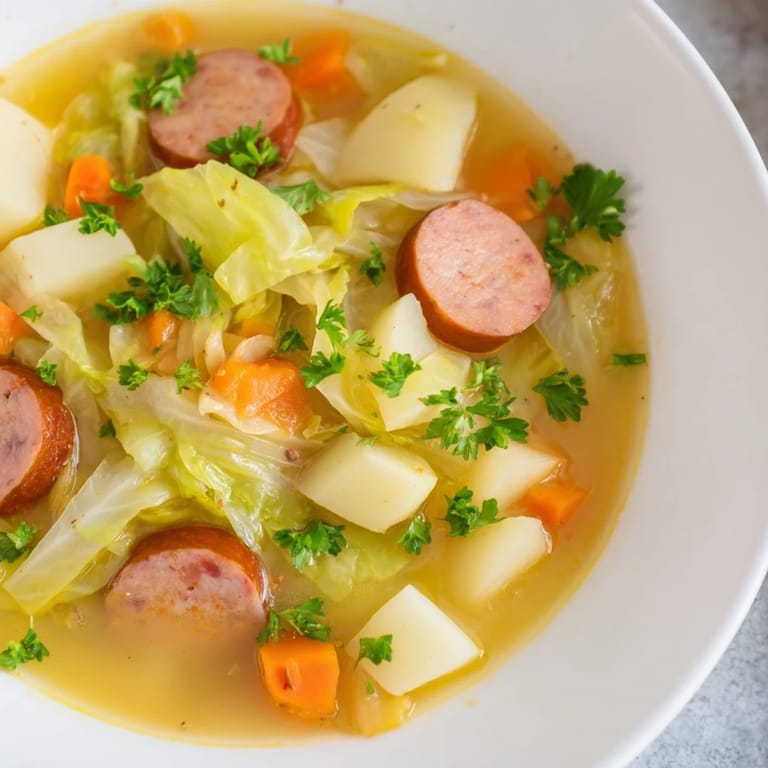 Hearty Sausage, Potato and Cabbage Soup ladles into bowls with slices of smoked sausage, diced potatoes, and fresh vegetables in a rustic kitchen.