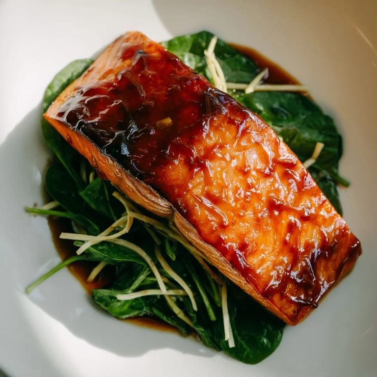 A close-up of miso salmon resting on tender spinach, garnished with lemon wedges for a bright, finishing touch.  