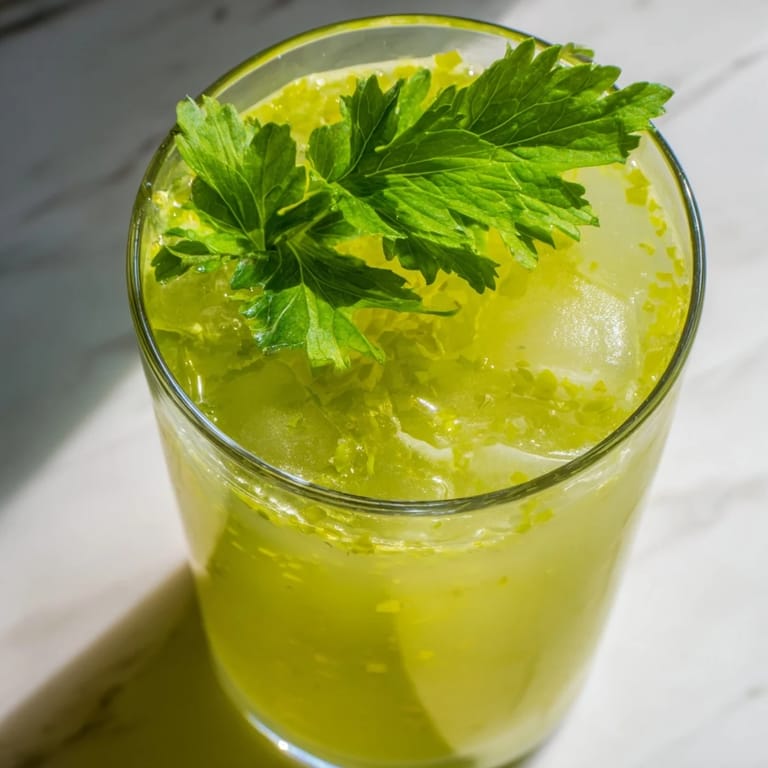 Overhead view of a nutritious Celery Ginger Lemon Juice with frothy texture, chopped celery and ginger visible, perfect for a healthy morning beverage.