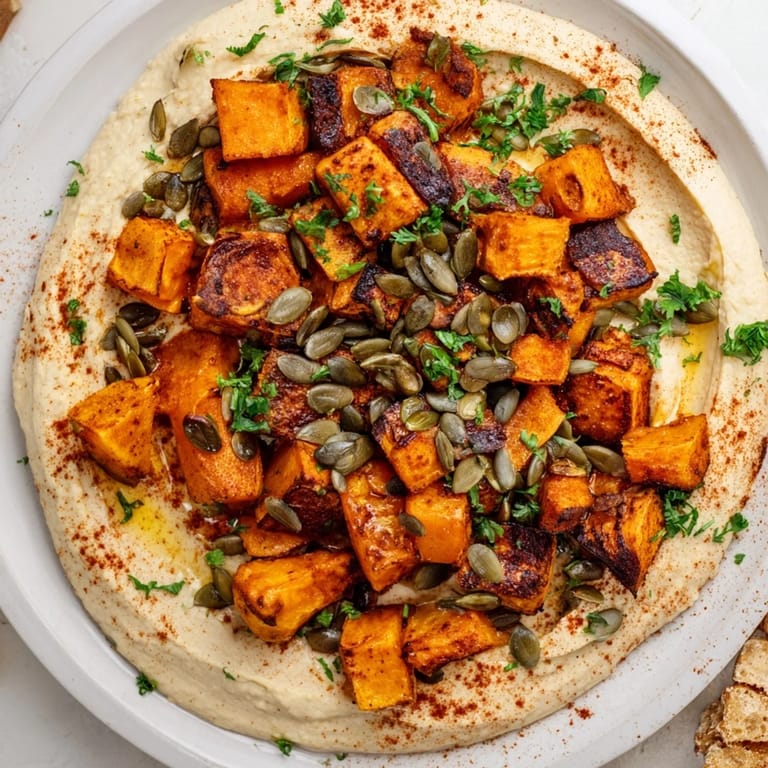 A hearty vegetarian main dish of warm roasted vegetables on smooth hummus, garnished with fresh parsley and seeds.
