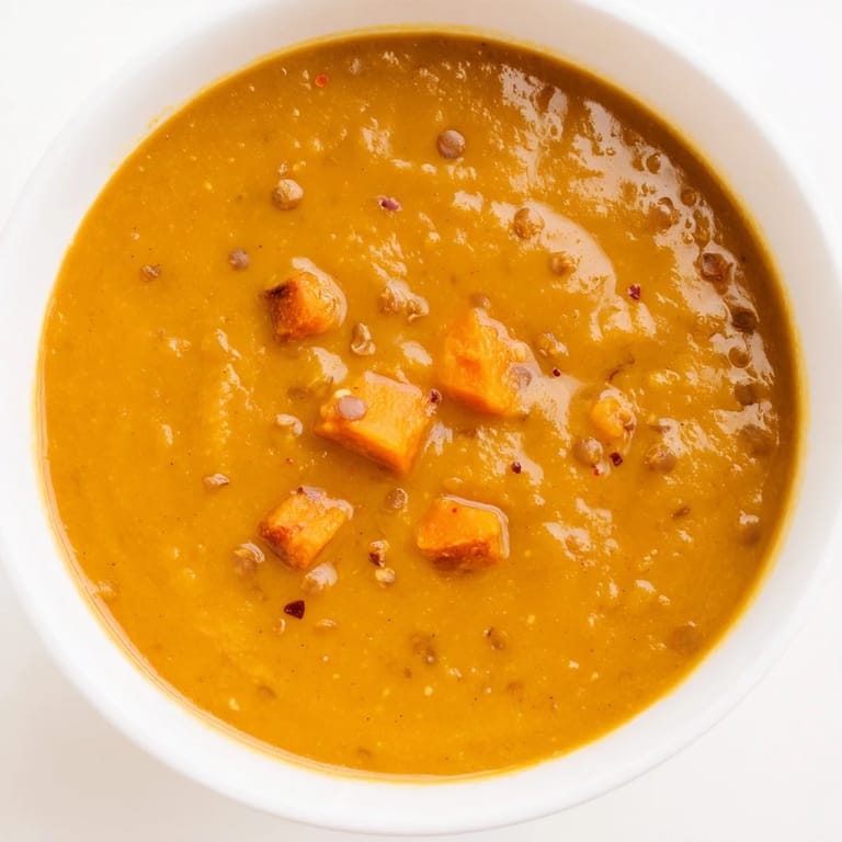 Velvety Butternut Squash and Lentil Soup in a rustic ceramic bowl, ready to serve with crusty gluten-free bread.  