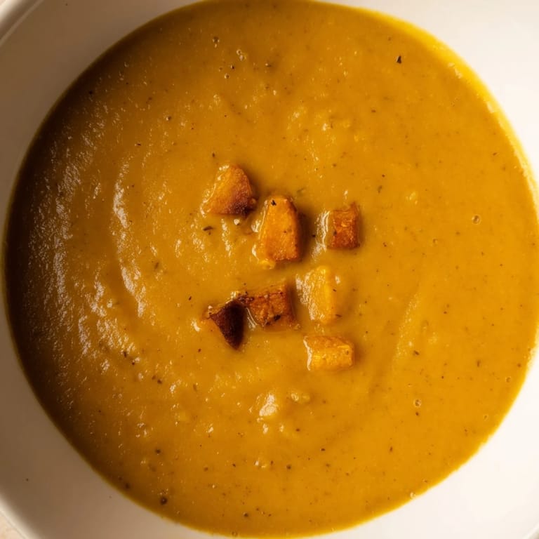 Garnished Butternut Squash and Lentil Soup with a swirl of olive oil, showcasing its vibrant orange hue.