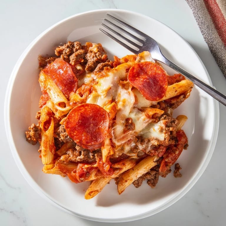 Fresh basil garnishes a slice of High Protein Italian Beef and Pasta Bake, served hot from the oven for a family dinner.