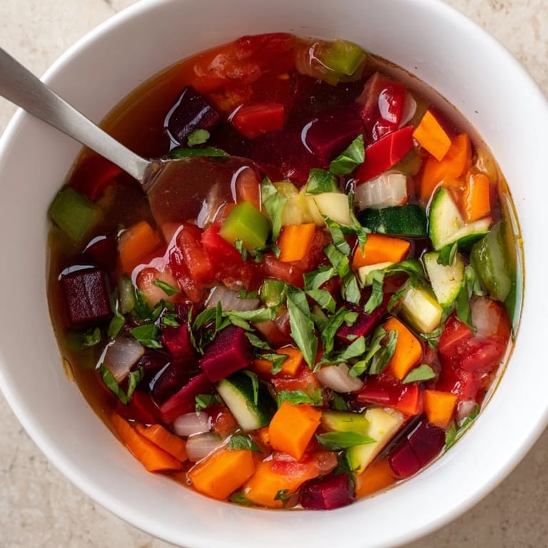 A ladle lifts a serving of Rainbow Vegetable Detox Soup, garnished with dill and lemon juice.