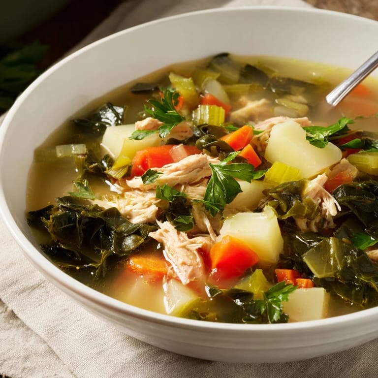 Collard Greens, Chicken and Vegetable Soup served steaming in a rustic bowl, garnished with fresh parsley and a bright lemon wedge.