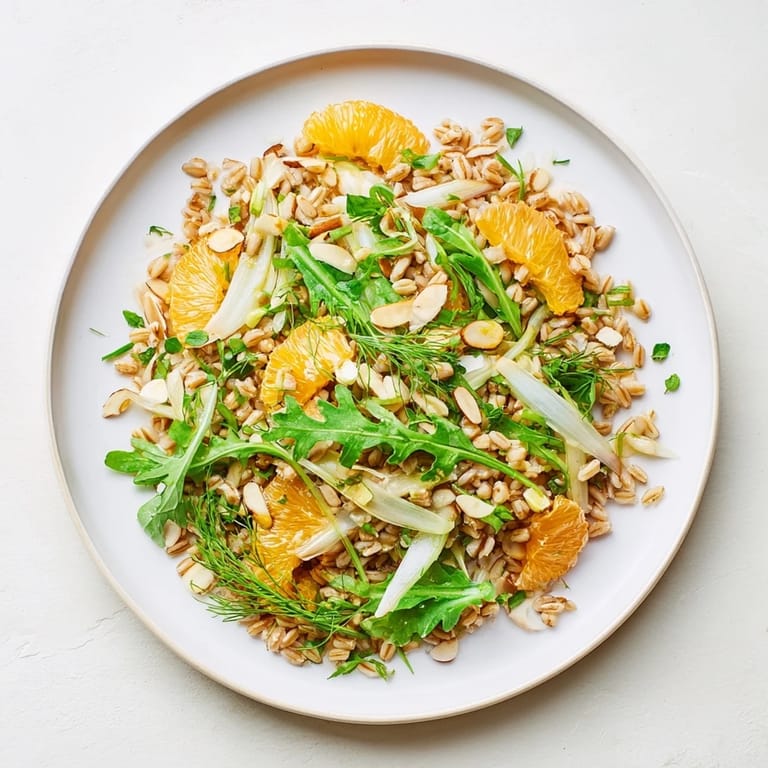 Bright Mediterranean farro salad with oranges, fennel, and almonds, served as a refreshing lunch or light dinner side.