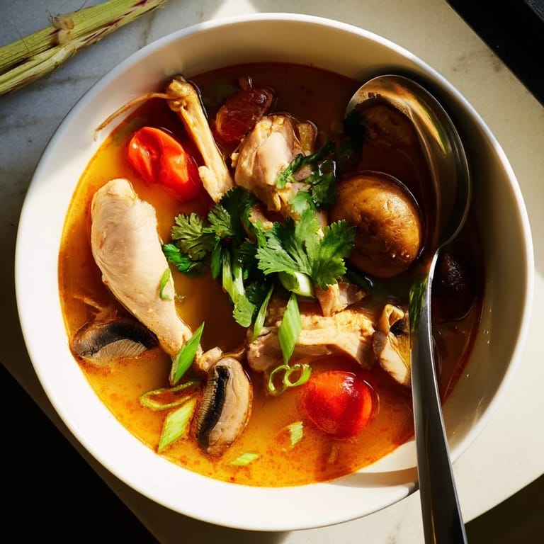 Fresh lemongrass and makrut lime leaves surround a vibrant bowl of Tom Yum Chicken, highlighting the spicy, sour Thai flavors.  