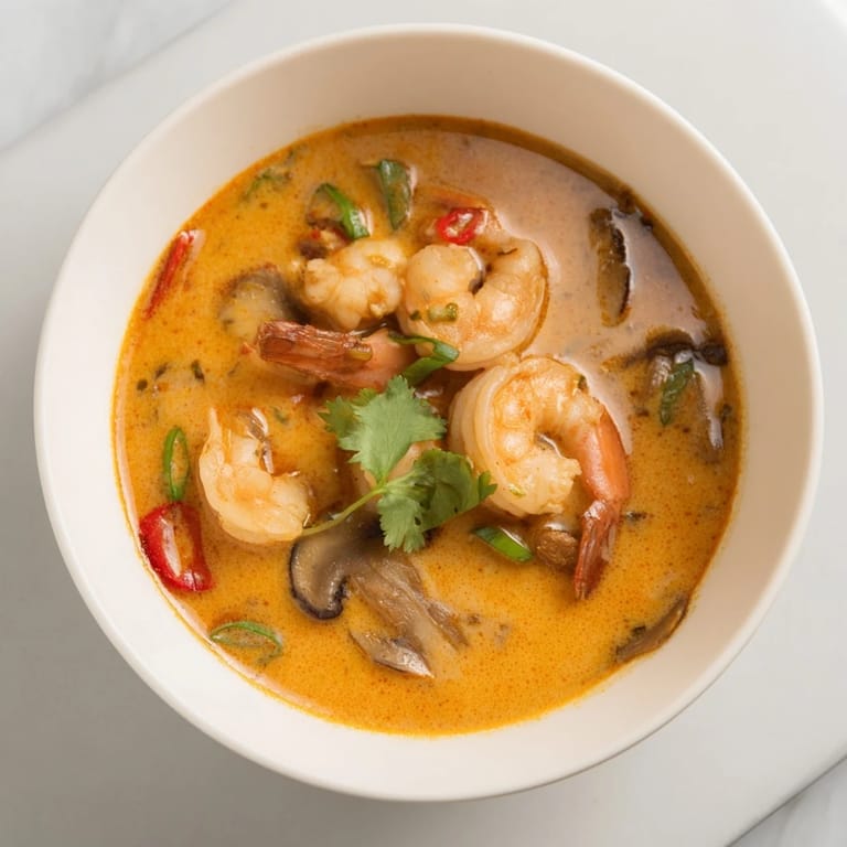 Close-up of Thai Coconut Shrimp Soup showing succulent shrimp, sliced mushrooms, and a spoon lifting the aromatic coconut broth.  