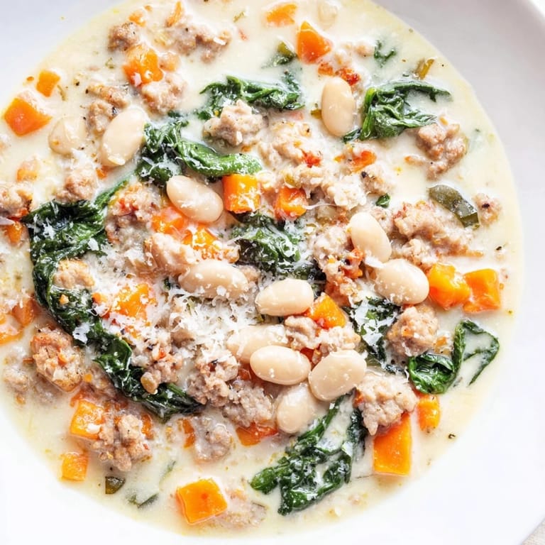 Steaming bowl of Tuscan white bean soup featuring crumbled Italian sausage and fresh spinach in a creamy broth.