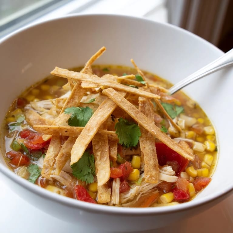 Serving suggestion for Best Chicken Tortilla Soup topped with crunchy tortilla strips and melted cheese.