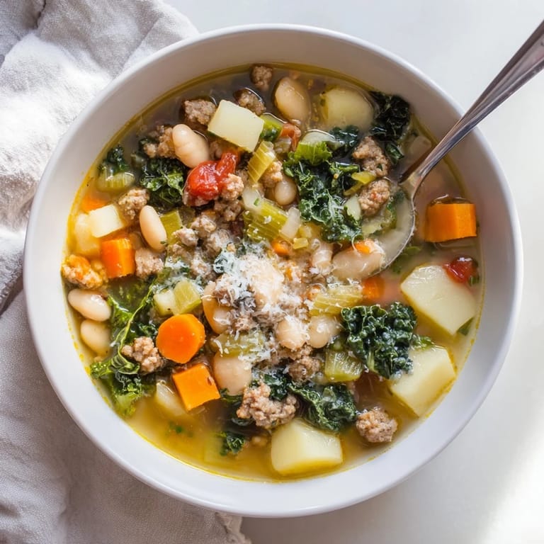 Rustic Tuscan White Bean Sausage Soup with tender kale, creamy beans, and sausage.