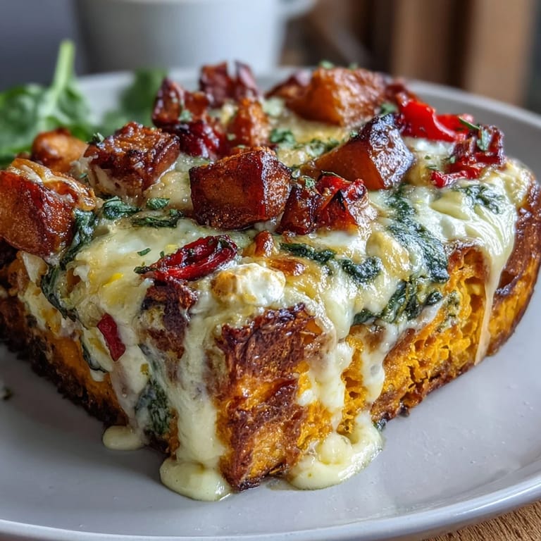 A slice of Easy Sweet Potato Egg Casserole reveals fluffy eggs and tender sweet potatoes.