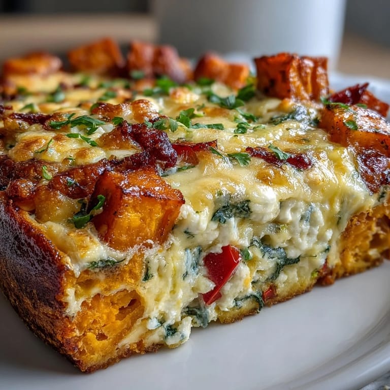 Easy Sweet Potato Egg Casserole in a white dish, garnished with fresh herbs for brunch.