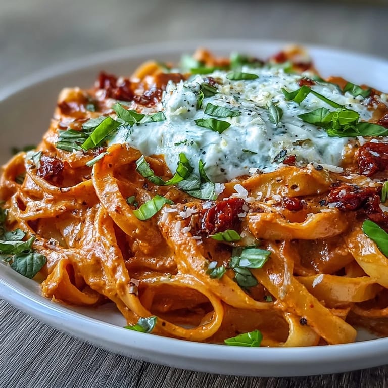 Velvety roasted red pepper sauce coats al dente pasta, crowned with creamy burrata and fresh basil leaves.