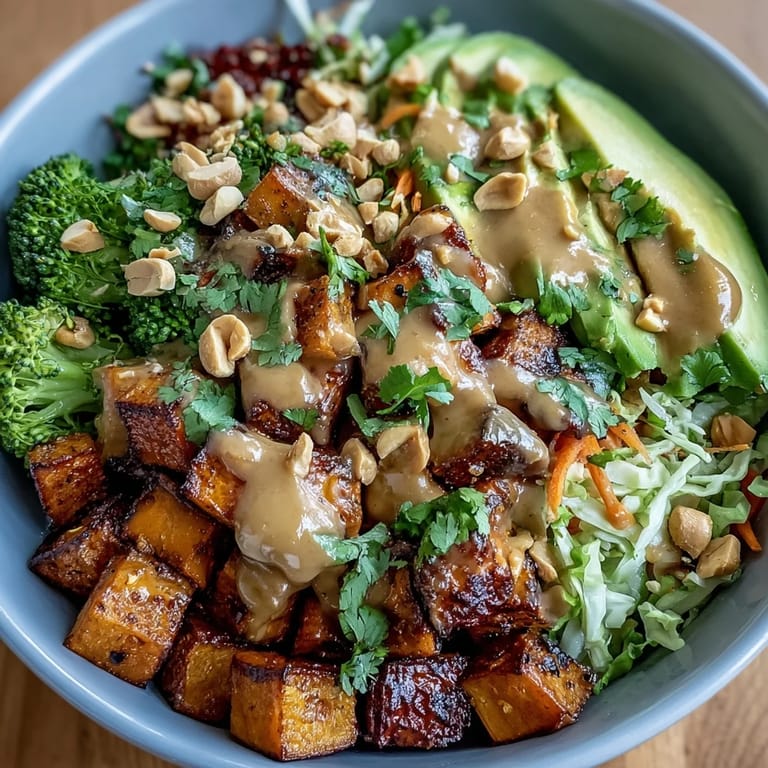 Freshly roasted sweet potatoes and crunchy veggies in a colorful Thai Peanut Sweet Potato Buddha Bowl, drizzled with savory peanut sauce.