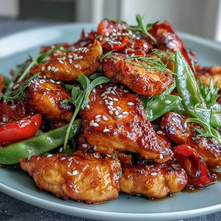 Tossed vegetables and golden chicken pieces in a vibrant red-orange glaze, garnished with green onions and sesame seeds for Spicy Sweet Chicken Diablo.