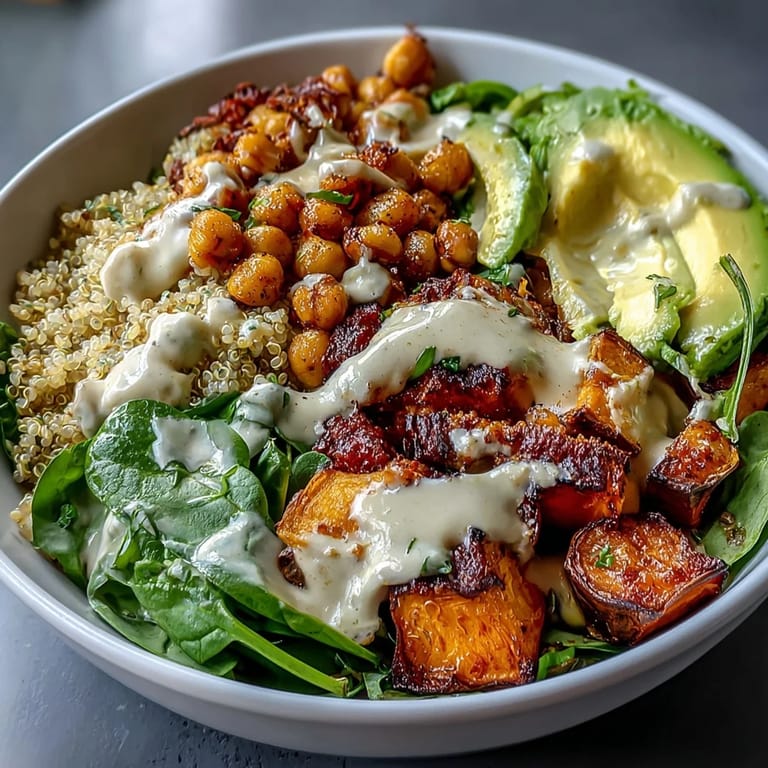 Colorful Anti-Inflammatory Glow Bowl drizzled with creamy tahini yogurt sauce and fresh spinach.