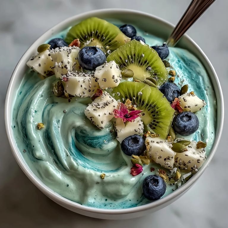 Glossy blue smoothie bowl with tropical fruit toppings, perfect for a healthy vegan breakfast in a ceramic dish.