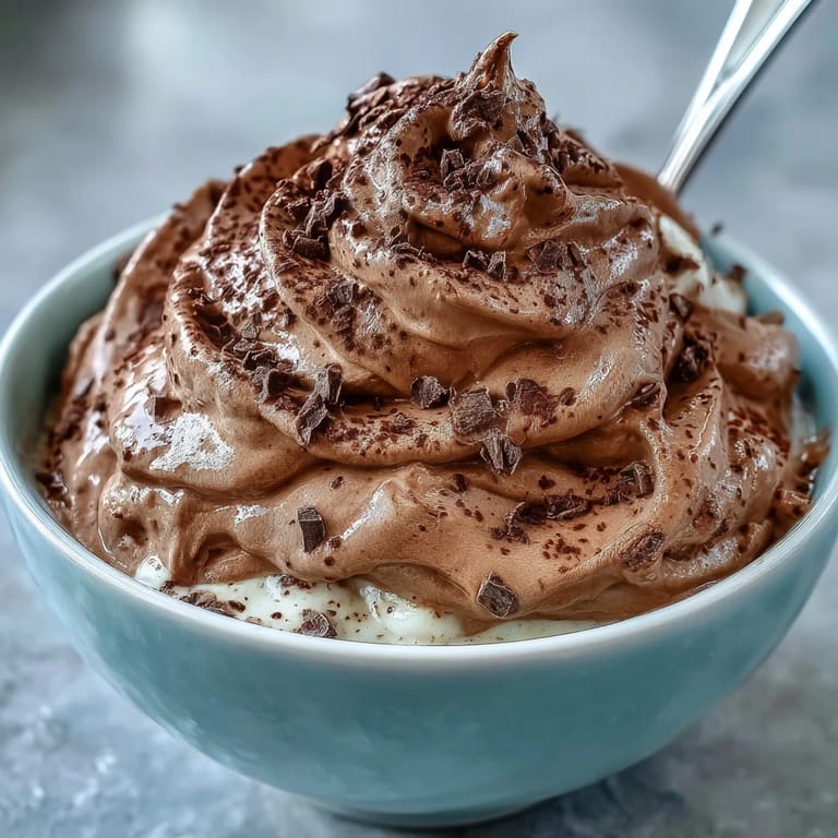 Thick, fluffy chocolate protein fluff being scooped from a bowl, ideal for a post-workout treat or breakfast.
