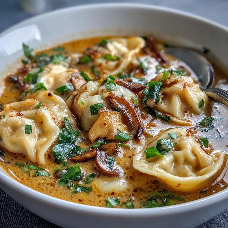 Steamed vegan dumplings floating in creamy Thai coconut curry broth with mushrooms, garlic, and a kick of chili oil.
